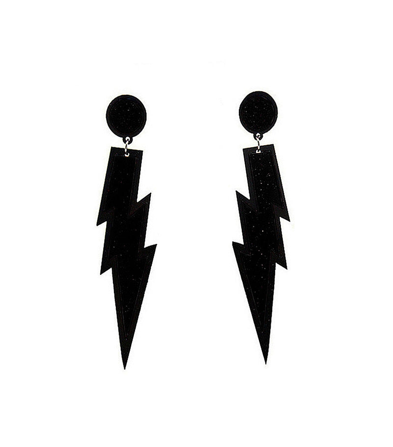 Black Glitter Lightning Plastic Rock Star 80s Earrings