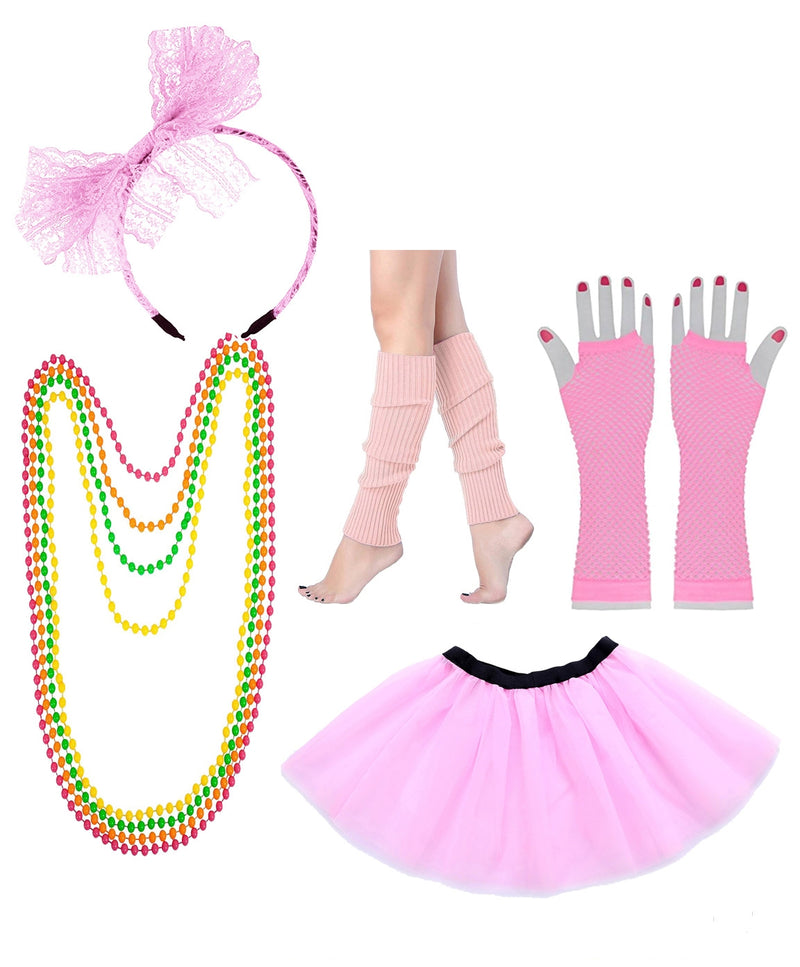 Baby Pink Ladies 80s Tutu Skirt Fishnet Gloves Leg Warmers Necklace Set