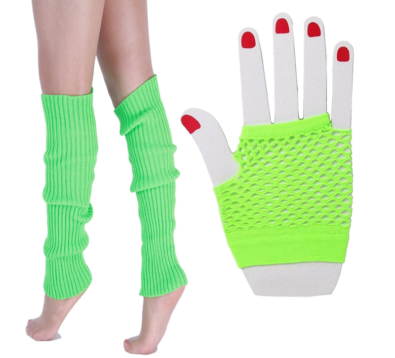 Coobey 80s Neon  Fishnet Gloves  Leg Warmers accessory set Green