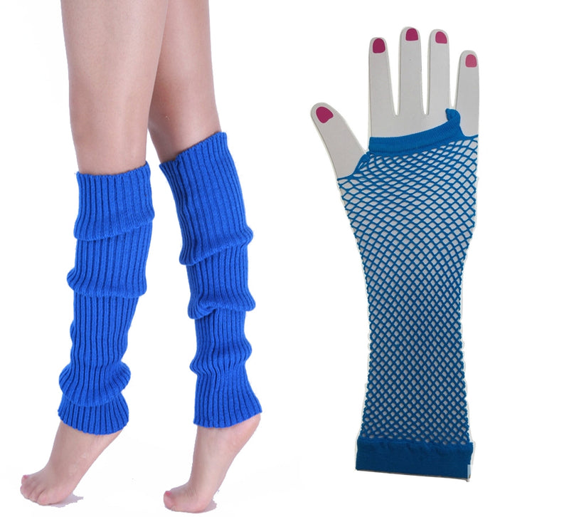 Blue 80s Neon Fishnet Gloves Leg Warmers Accessory Set