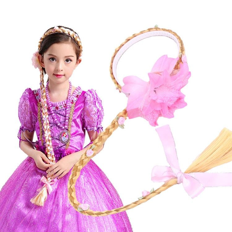 Girls Disney Princess Wig Headband Hair Plait with Pink Flower
