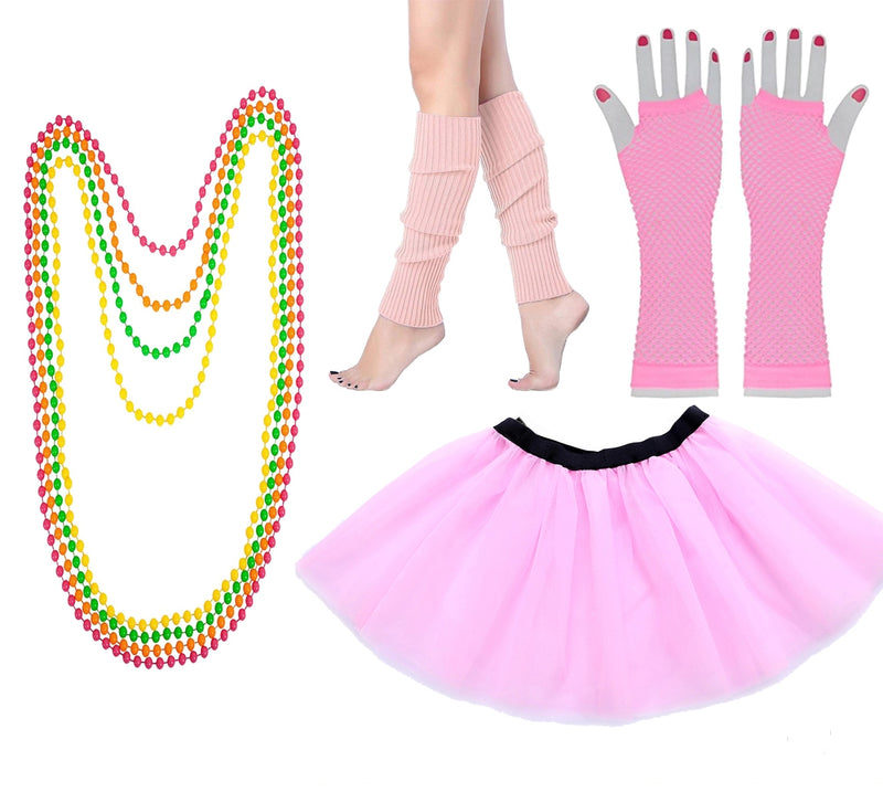 Baby Pink Coobey Ladies 80s Tutu Skirt Fishnet Gloves Leg Warmers Necklace