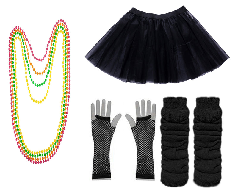 Black Coobey Ladies 80s Tutu Skirt Fishnet Gloves Leg Warmers Necklace