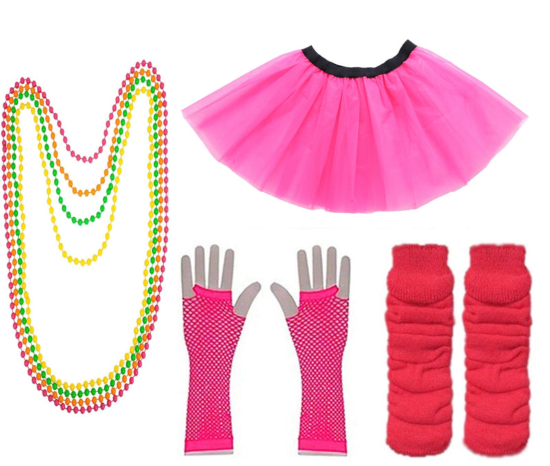 Dark Pink Coobey Ladies 80s Tutu Skirt Fishnet Gloves Leg Warmers Necklace