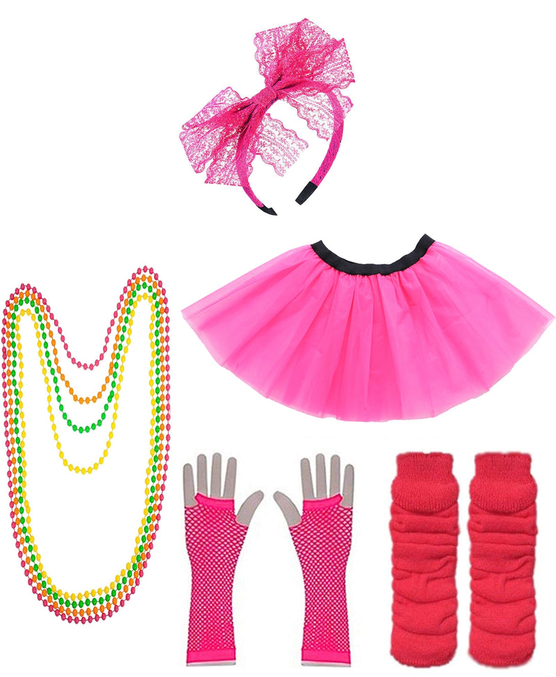 Dark Pink Coobey Ladies 80s Tutu Skirt Fishnet Gloves Leg Warmers Necklace Set