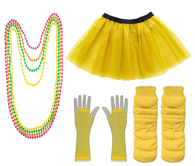 Yellow Coobey Ladies 80s Tutu Skirt Fishnet Gloves Leg Warmers Necklace