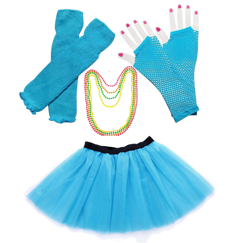 Lake blue Coobey Ladies 80s Tutu Skirt Fishnet Gloves Leg Warmers Necklace