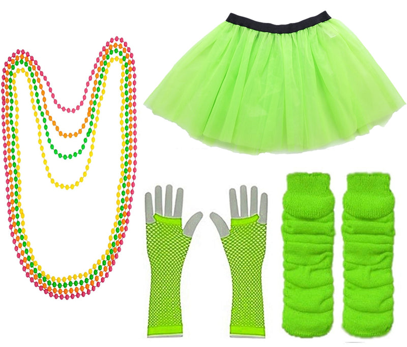 Green Coobey Ladies 80s Tutu Skirt Fishnet Gloves Leg Warmers Necklace