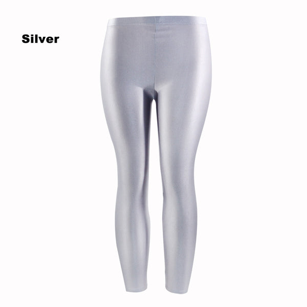 Silver 80s Shiny Neon Costume Leggings Stretch Metallic Pants