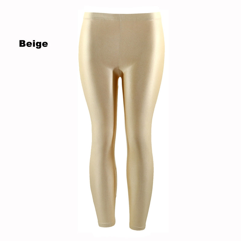 Beige 80s Shiny Neon Costume Leggings Stretch Metallic Pants