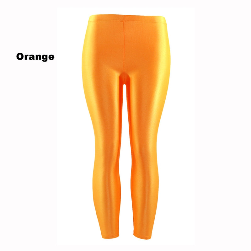 Orange 80s Shiny Neon Costume Leggings Stretch Metallic Pants