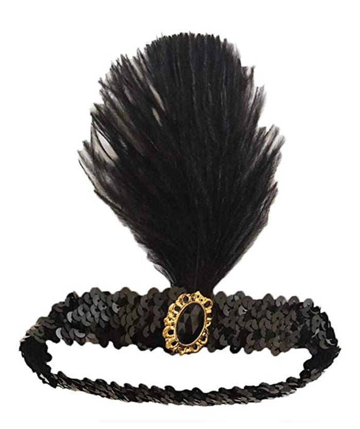 Black 1920s Headband Feather Vintage Bridal Great Gatsby Flapper Headpiece