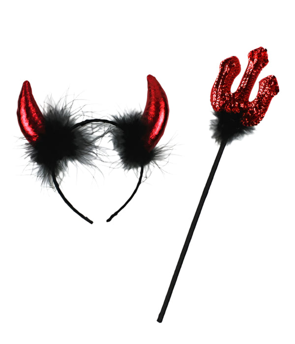 Halloween Red Devil Horns Headband And Pitch Fork Satan Trident