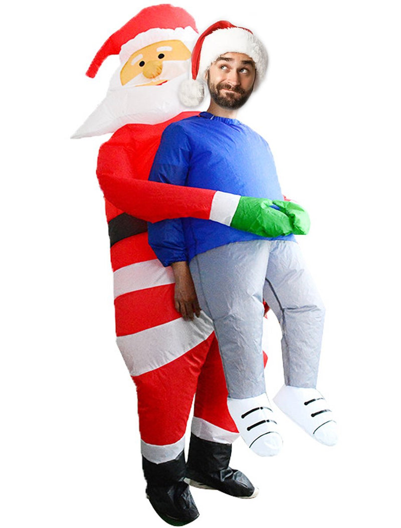 Adult Santa hug me inflatable costume front view red coat with fur trim