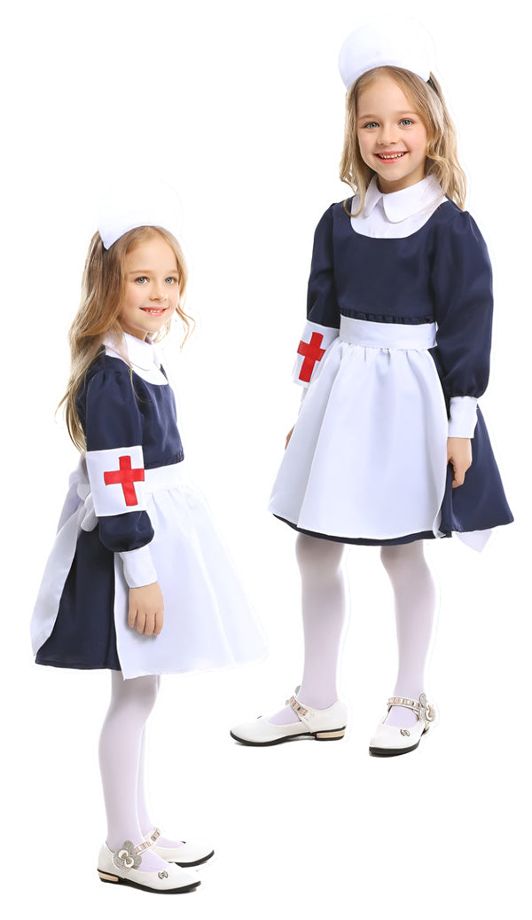 Kids Victorian Nurse Costume - Blue Dress with Apron & Cap