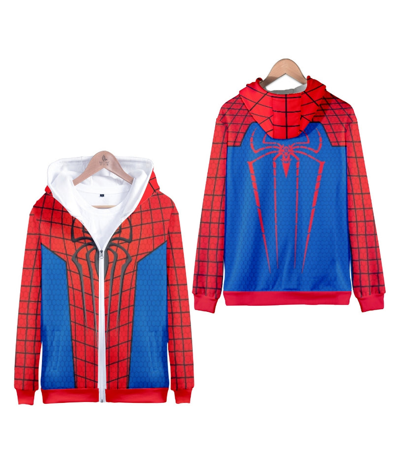 Adult red and blue spider hero hoodie with all-over web pattern and front zip