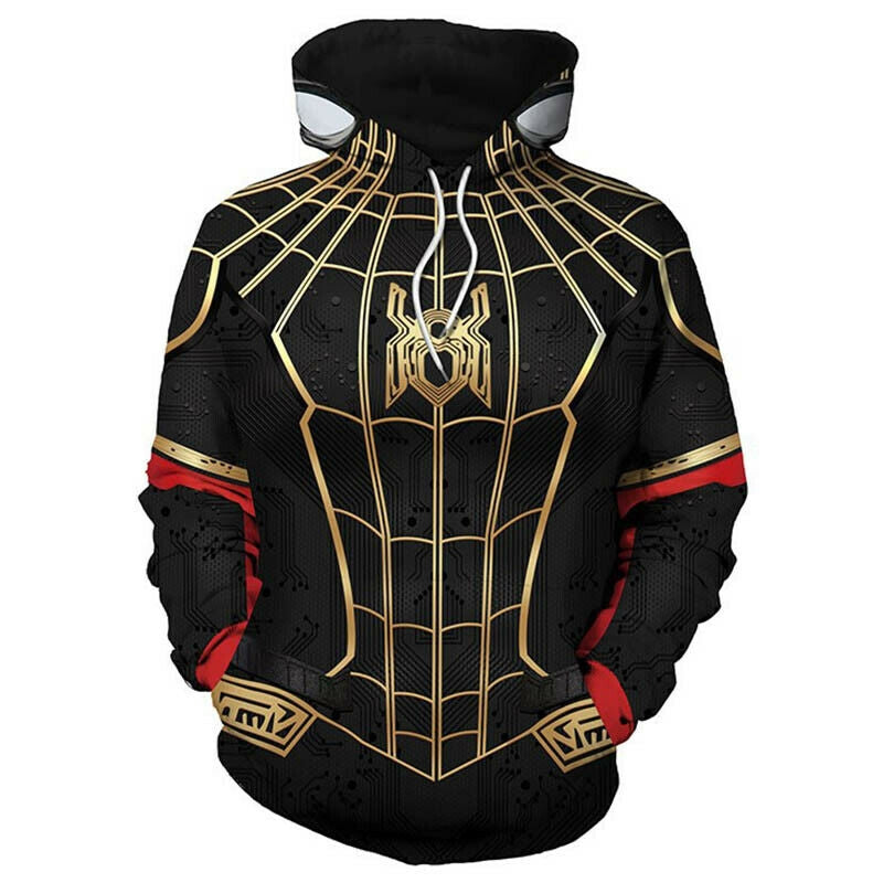 Front view of adult black and gold arachnid hero hoodie with web pattern and chest emblem