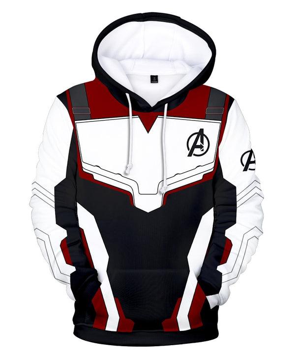Adult white quantum suit hoodie with red and black armor panel print, superhero logo on chest