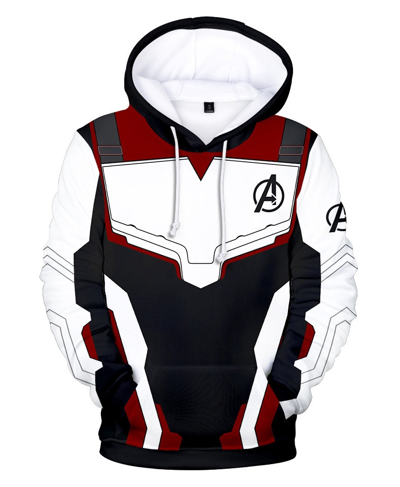 Adult white quantum suit hoodie with red and black armor panel print, superhero logo on chest