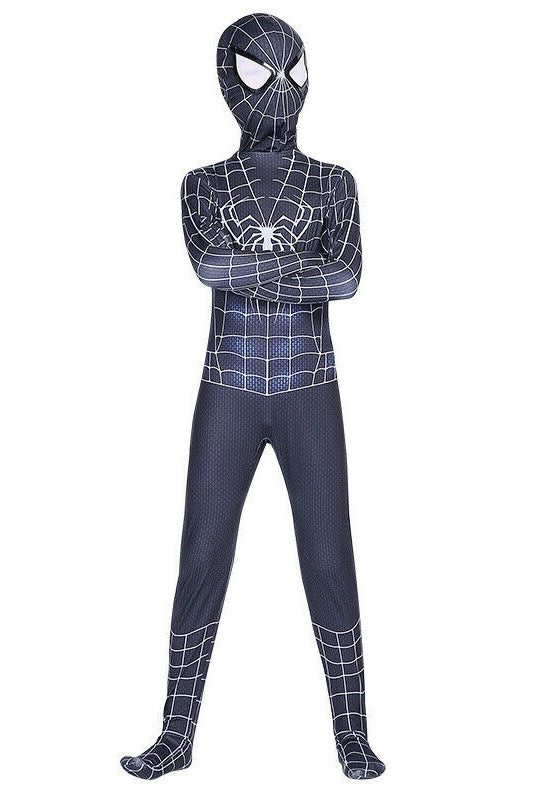 Child wearing black spider superhero costume with white web pattern and chest emblem, front view