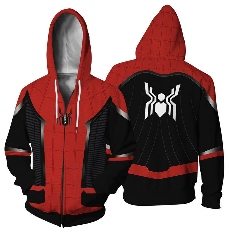 Mens red and black spider superhero zip-up hoodie with web pattern and chest emblem