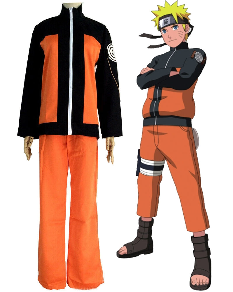 Adult orange and black anime ninja costume with red spiral back emblem and high collar jacket