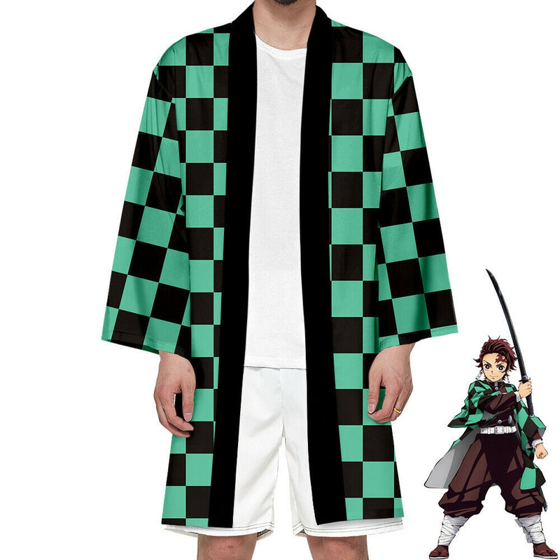 Adult wearing vibrant mint green and black checkered kimono robe with traditional haori sleeves