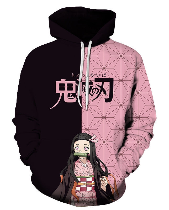 Adult unisex anime hoodie with split pink geometric and black color-block design, chibi character art on front