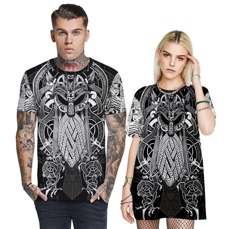 Adult Viking warrior t-shirt front view showing Norse knotwork, crossed axes, and wolf-dragon head sublimation print