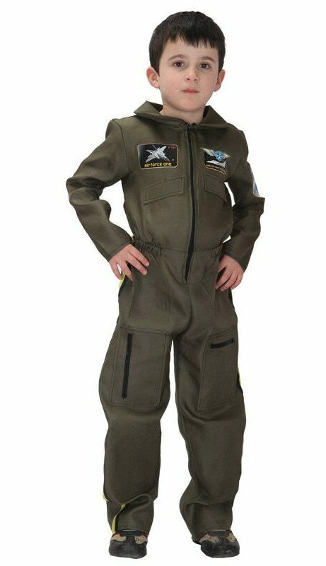 Child wearing olive green fighter pilot flight suit jumpsuit with military patches and attached hood