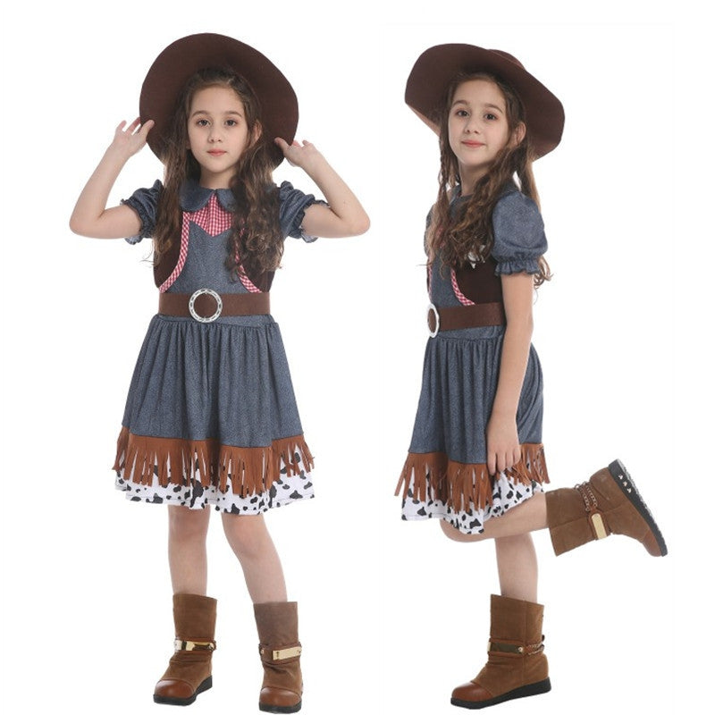 Girls cowgirl costume with blue denim dress, brown fringe, sheriff star badge and wide-brim hat
