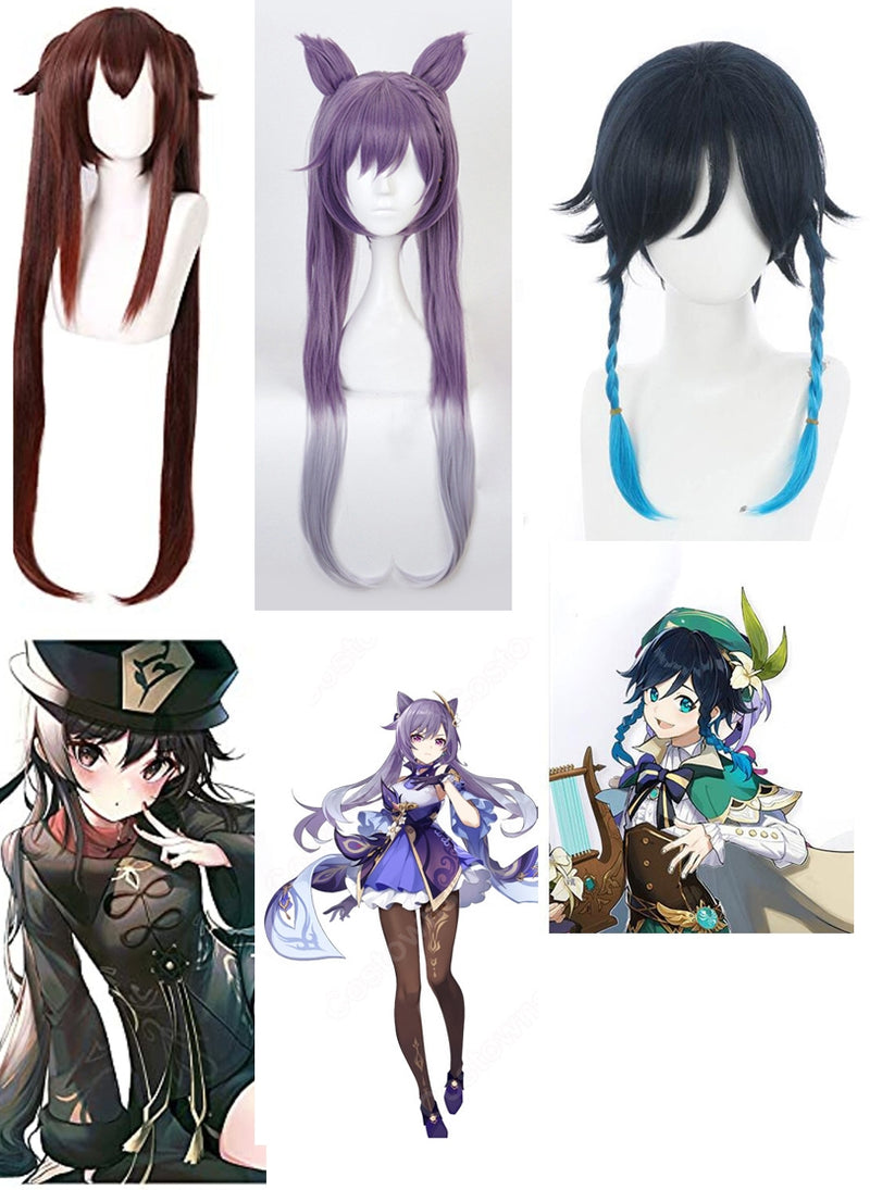 Three anime game character wigs displayed on stands showing turquoise braided bard style, purple cat-ear gradient style, and brown twin-tails style