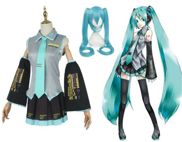 Womens virtual pop idol costume with grey vest, black skirt, detached sleeves and turquoise accents