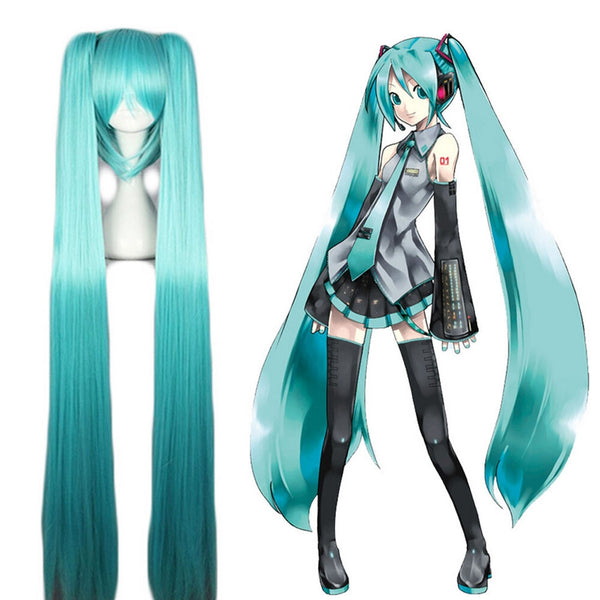Turquoise twin-tail anime idol wig with long straight ponytails and center-parted bangs on white background
