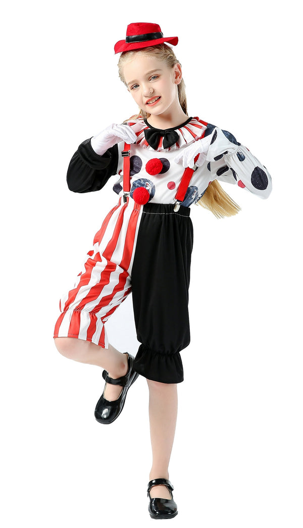 Child wearing full harlequin circus clown costume with red hat and ruffled collar