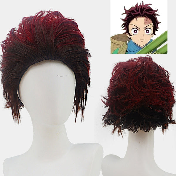 Adult anime cosplay wig with burgundy red and black ombre spiky layers on white background