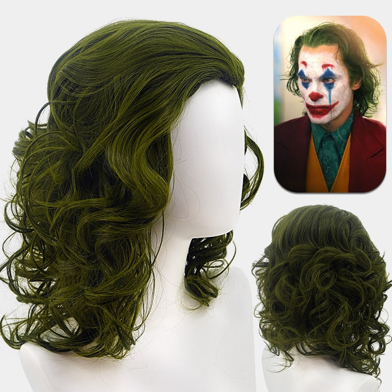 Olive-green wavy wig with voluminous crown and shoulder-length curls for villain character cosplay