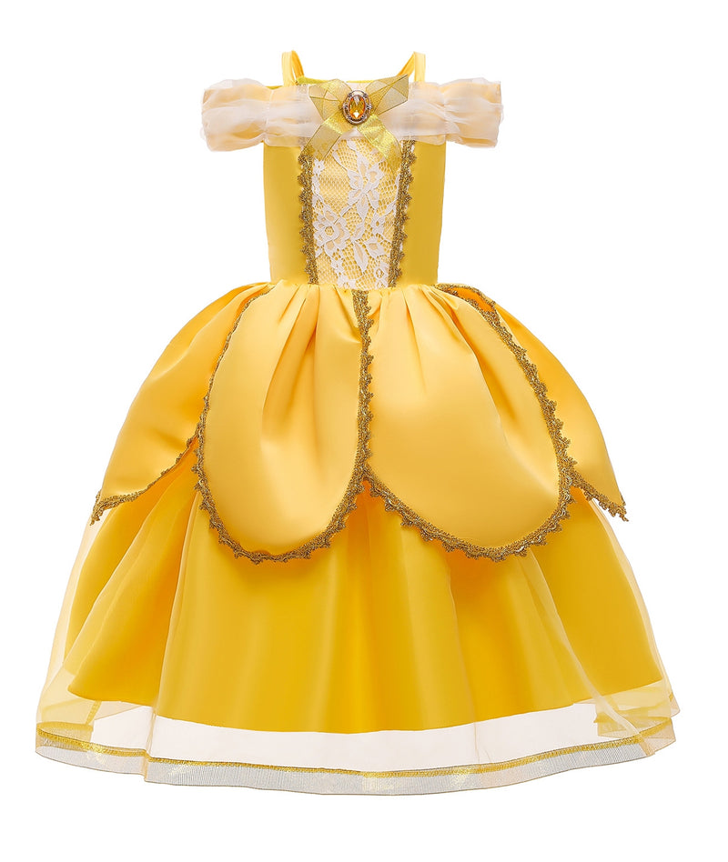 Girls yellow princess ball gown costume with off-shoulder sleeves and gold trim, front view