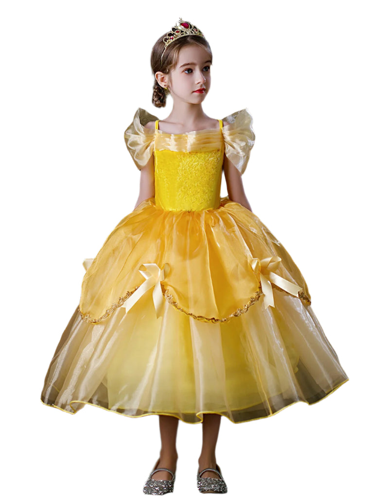 Girls golden yellow princess ball gown costume with sparkle bodice and five-layer organza skirt