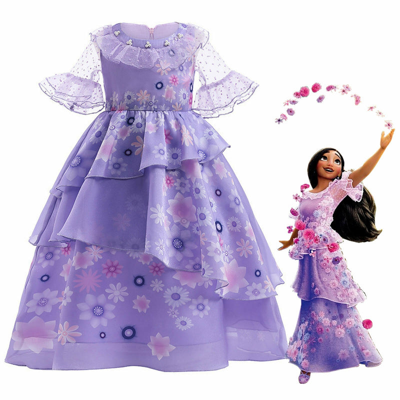 Girls purple flower princess dress with cascading floral organza tiers and sheer polka-dot sleeves