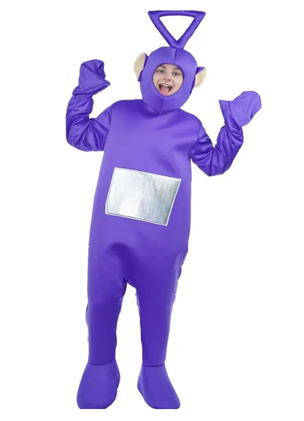 Adult purple Teletubby costume full body jumpsuit with hood and antenna