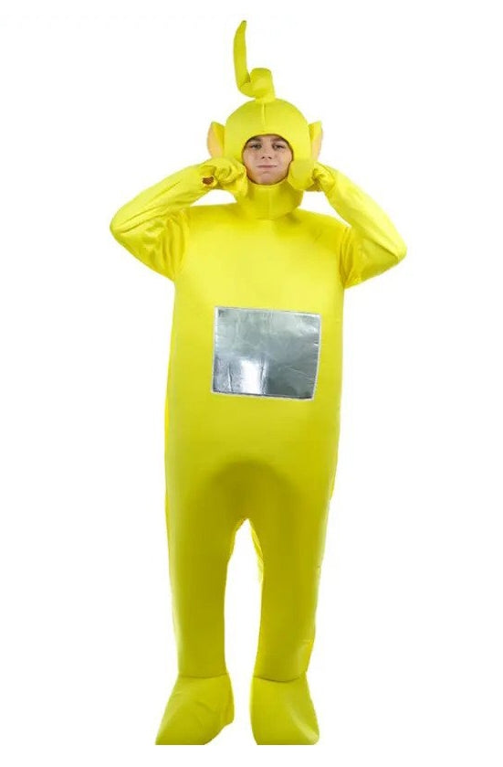 Adult in bright yellow Yellow Antenna Antenna TV Friends costume with headpiece antenna and silver belly screen