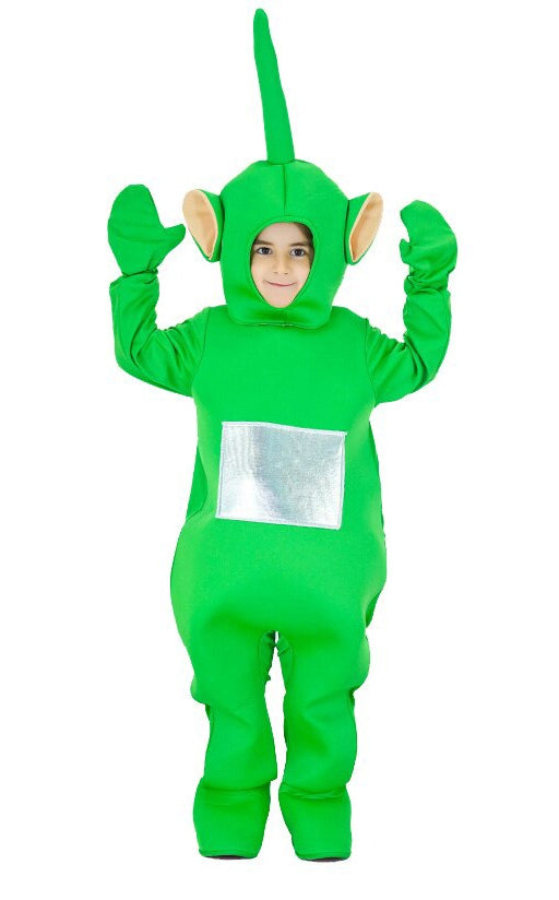 Child wearing bright green Green Antenna Antenna TV Friends costume with antenna hood and silver belly screen