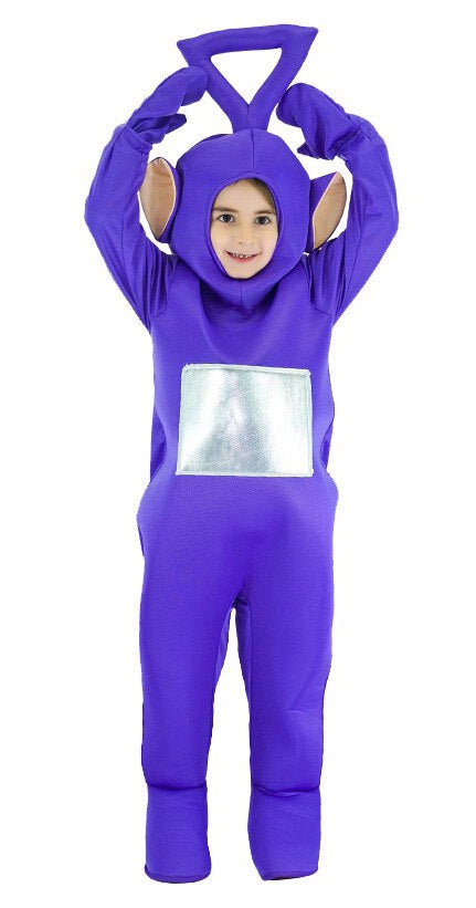 Kids purple plush jumpsuit costume with triangular antenna headpiece and silver belly screen panel