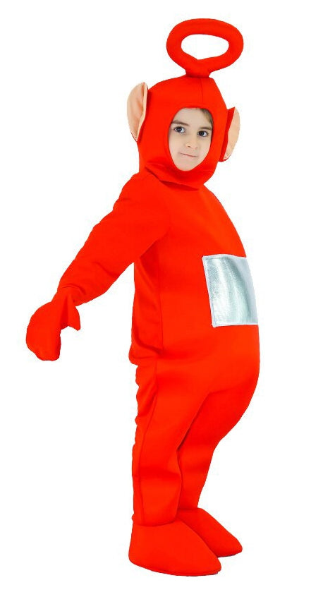 Kids red plush jumpsuit costume with silver belly panel and loop antenna headpiece