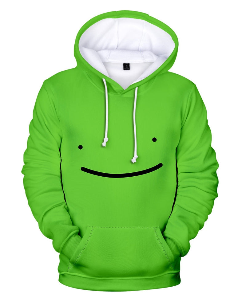Lime green pullover hoodie with black smile face logo on chest