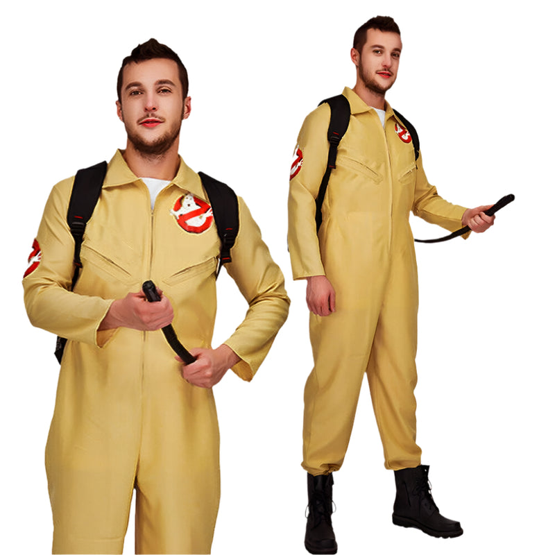 Mens tan ghost hunter jumpsuit costume with red logo patches and black backpack