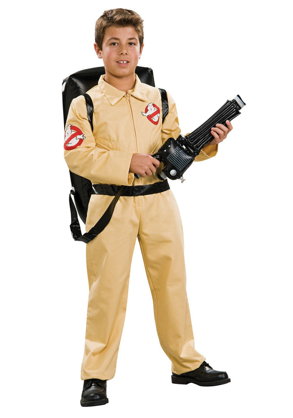 Child wearing tan ghost catcher jumpsuit with red logo patches and black proton pack backpack