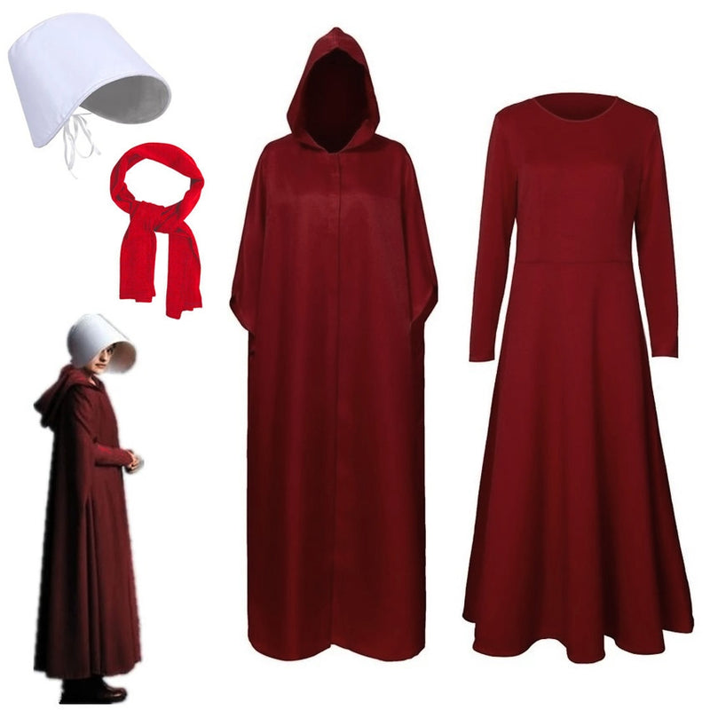 Womens dystopian handmaid costume full set with red cloak dress white bonnet and scarf