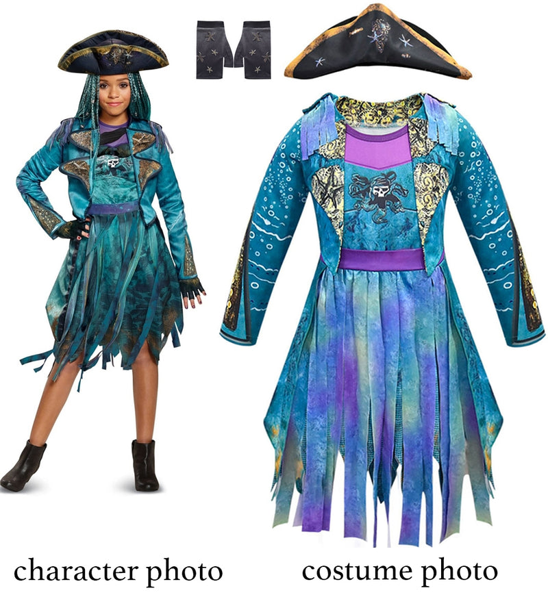 Girls sea pirate captain costume with teal dress, tricorn hat and fingerless gloves